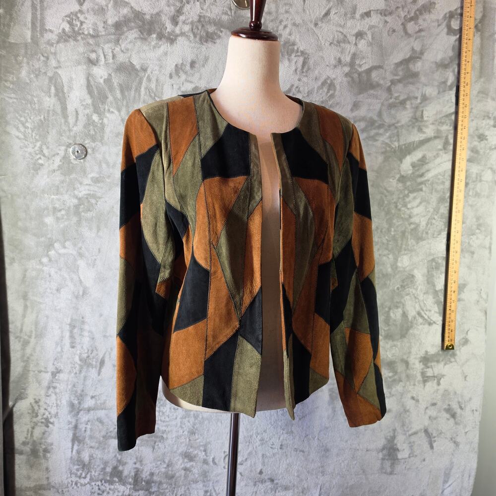 Vintage City Girl Nancy Bolen Suede Patchwork Jacket Brown Olive Black